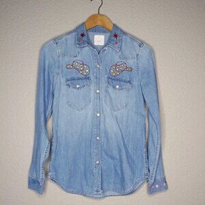 Vintage Inspired Western HOOT Embroidered Demin Shirt  Boutique Cowgirl Size S